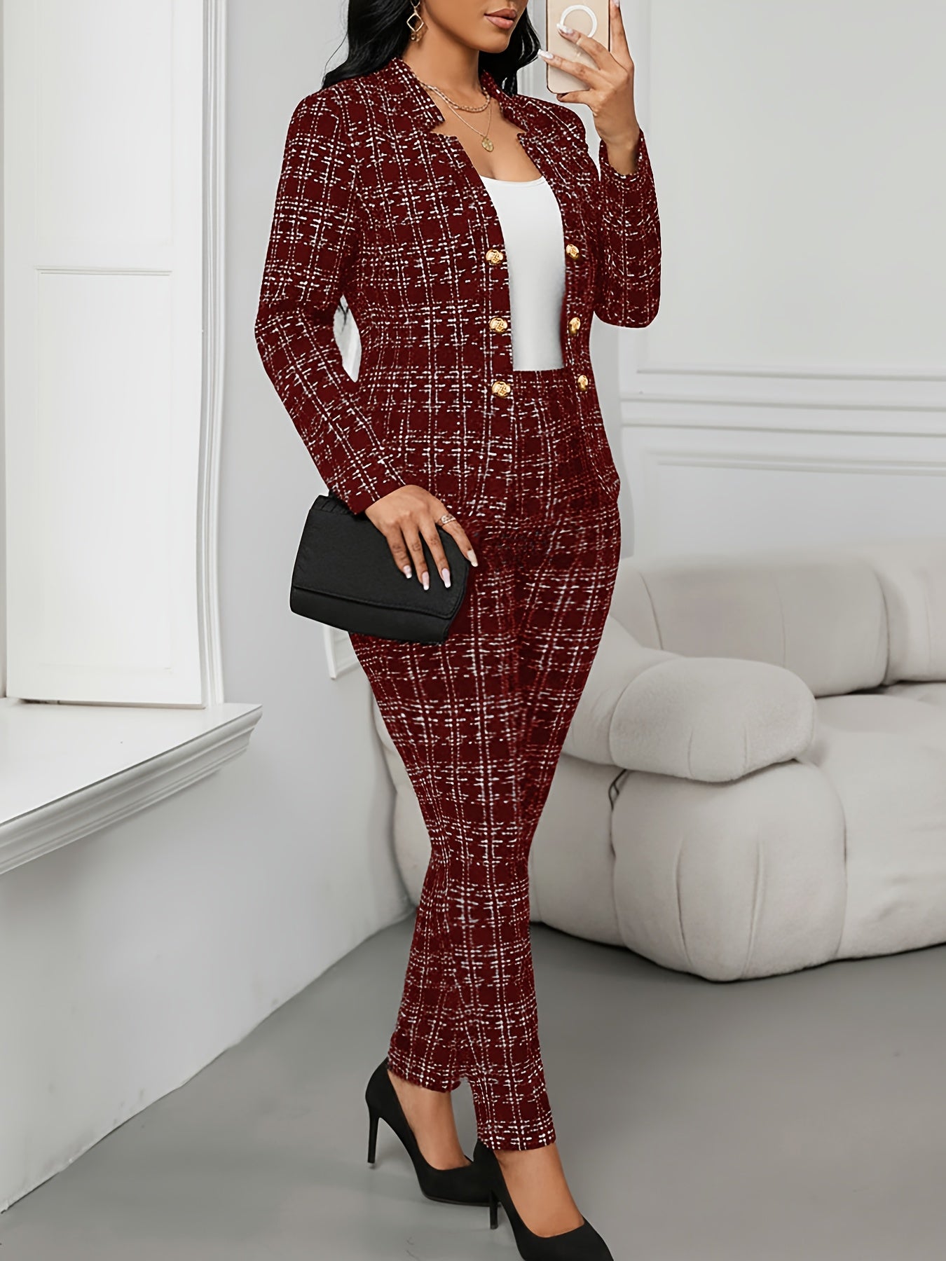 Elegant Plaid Suit 2pcs Set with Front Double-Breasted Button Detail, Trousers for Commuting and Casual Wear