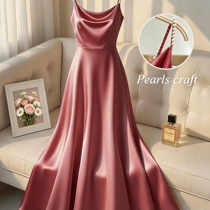 [Pearl Strap] Satin Cami Retro Dress, Suitable for Parties, Weddings, Dates, And Commuting, Luxurious Dress