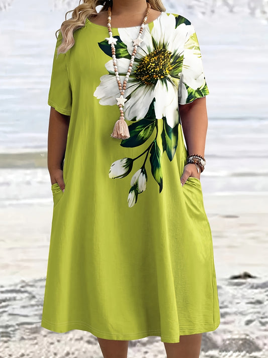 Effortless Green Floral Midi Dress for Women with Round Neck Short Sleeve Pocket Relaxed Casual Style