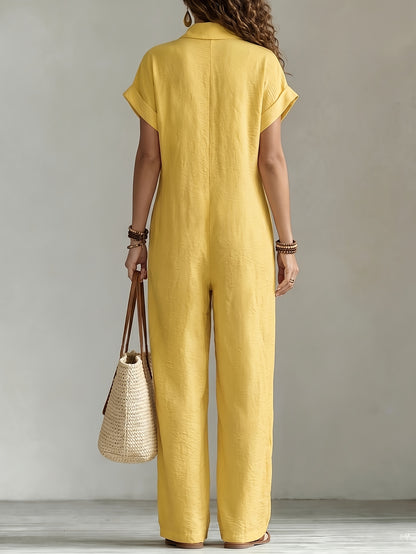 Women's Summer Short Sleeve Jumpsuit/Collared Single-Row Button Loose Straight Style/Casual Cargo Overalls/Loose Straight Drape Long Pants/Daily Commute Casual All-Match Fashion Comfortable