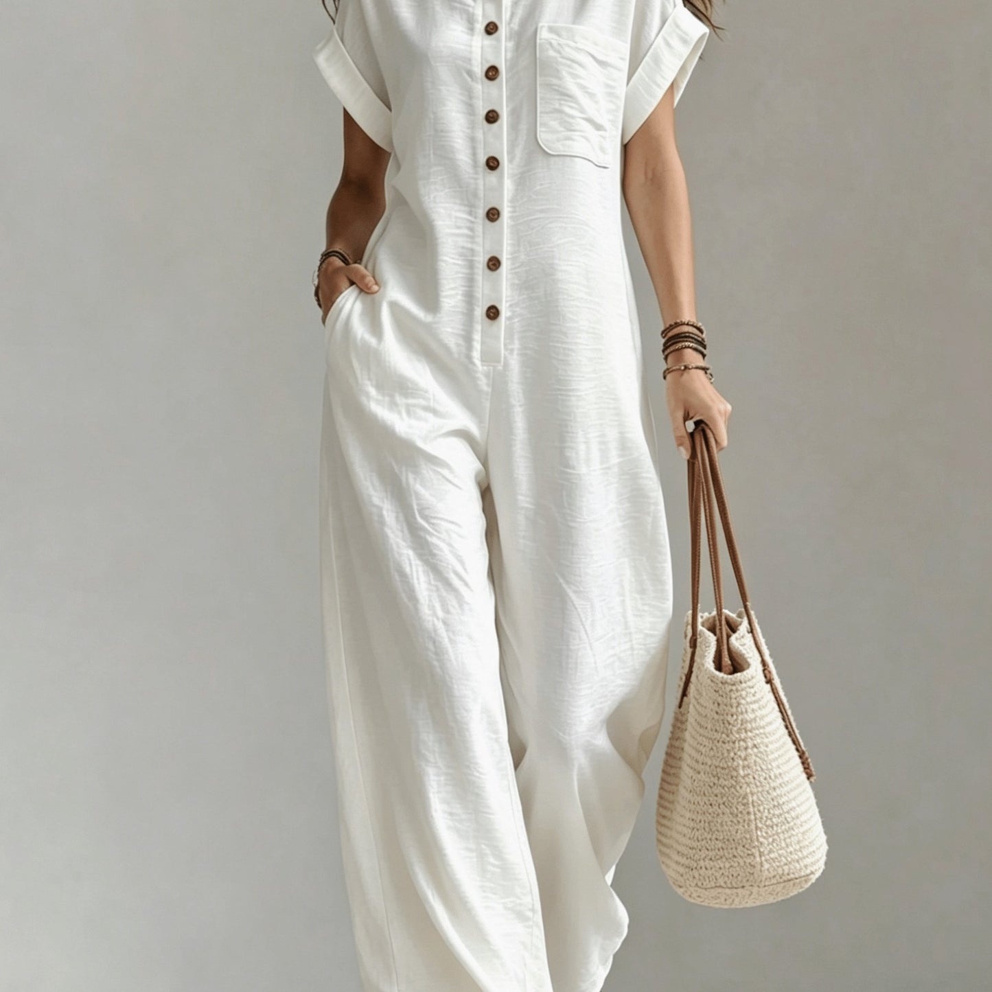 Women's Summer Short Sleeve Jumpsuit/Collared Single-Row Button Loose Straight Style/Casual Cargo Overalls/Loose Straight Drape Long Pants/Daily Commute Casual All-Match Fashion Comfortable