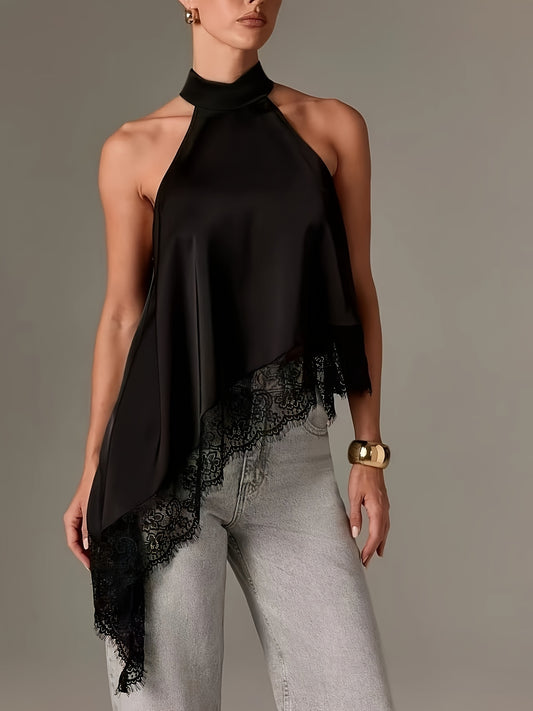 Elegant Satin Halter Top for Women with Mock Neck Sleeveless Lace Trim Asymmetric Hem Style