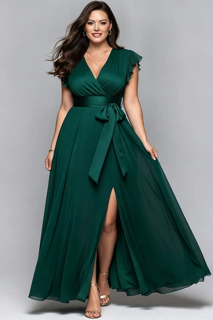 Flycurvy Plus Size Wedding Guest Dark Green Chiffon Ruffle Sleeve Slit Hem Maxi Dress With Belt
