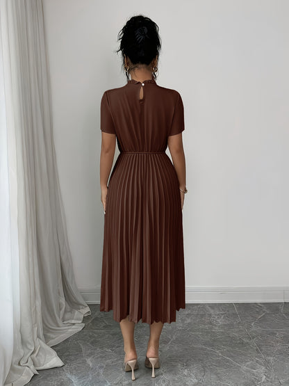 ZLLZ Trendy Summer New Style Women'S Solid Color Teardrop Back Collar Light Luxury Pearl Button Decoration with Waist-Cinching Pleated A-Line Design, Fashionable And, Women'S Fashion Dress Party Elegant Style Dress