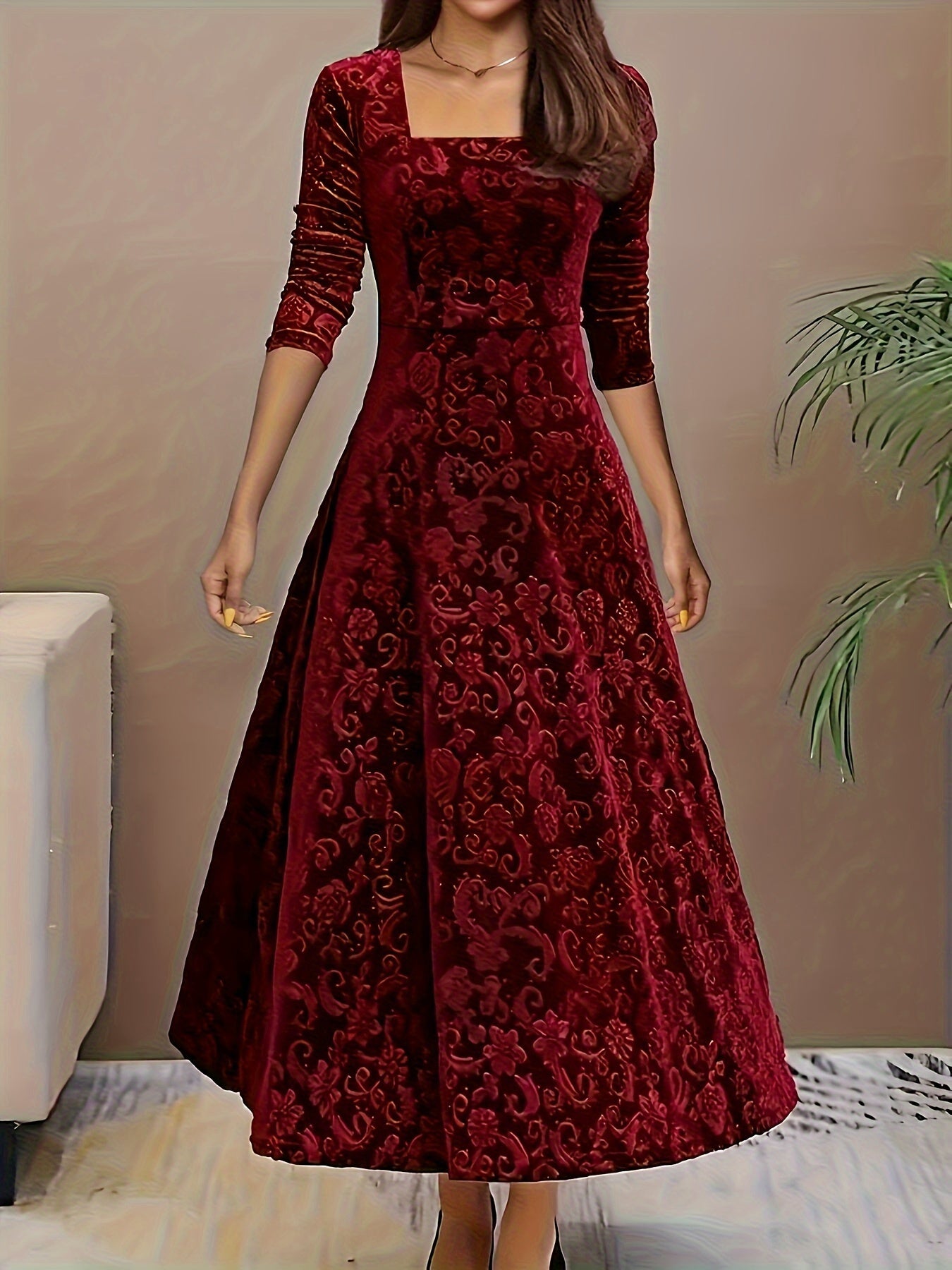 Directional Style Velvet Floral Pattern Long Sleeve Dress New Year Elegant Square Neck Dress