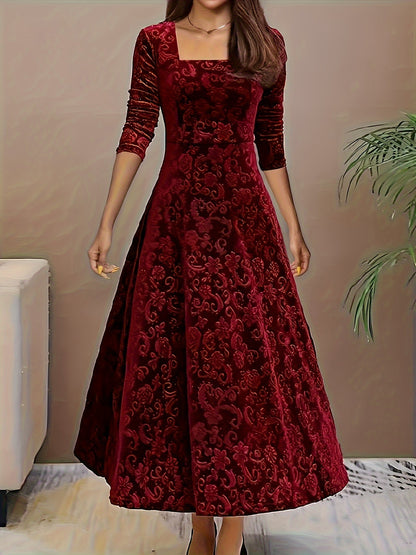 Directional Style Velvet Floral Pattern Long Sleeve Dress New Year Elegant Square Neck Dress