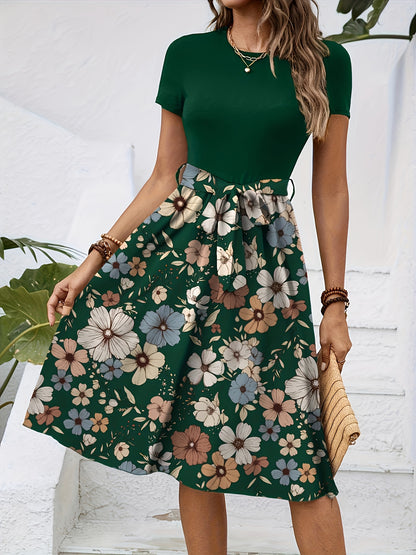 Elegant Key Monitoring Support European And American Round Neck Short-Sleeved with Belt Dress Number