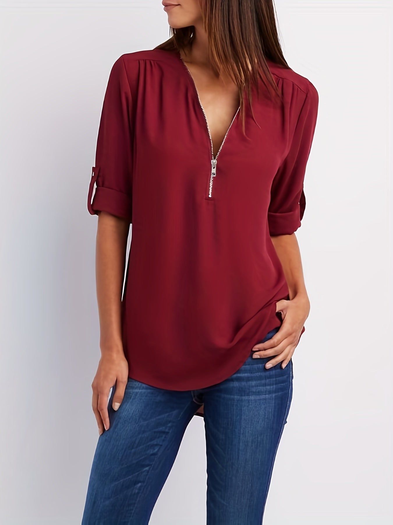 V-Neck Zipper Women'S Long-Sleeved Roll-Up Sleeve Loose Chiffon Shirt