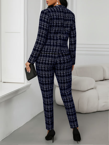 Elegant Plaid Suit 2pcs Set with Front Double-Breasted Button Detail, Trousers for Commuting and Casual Wear