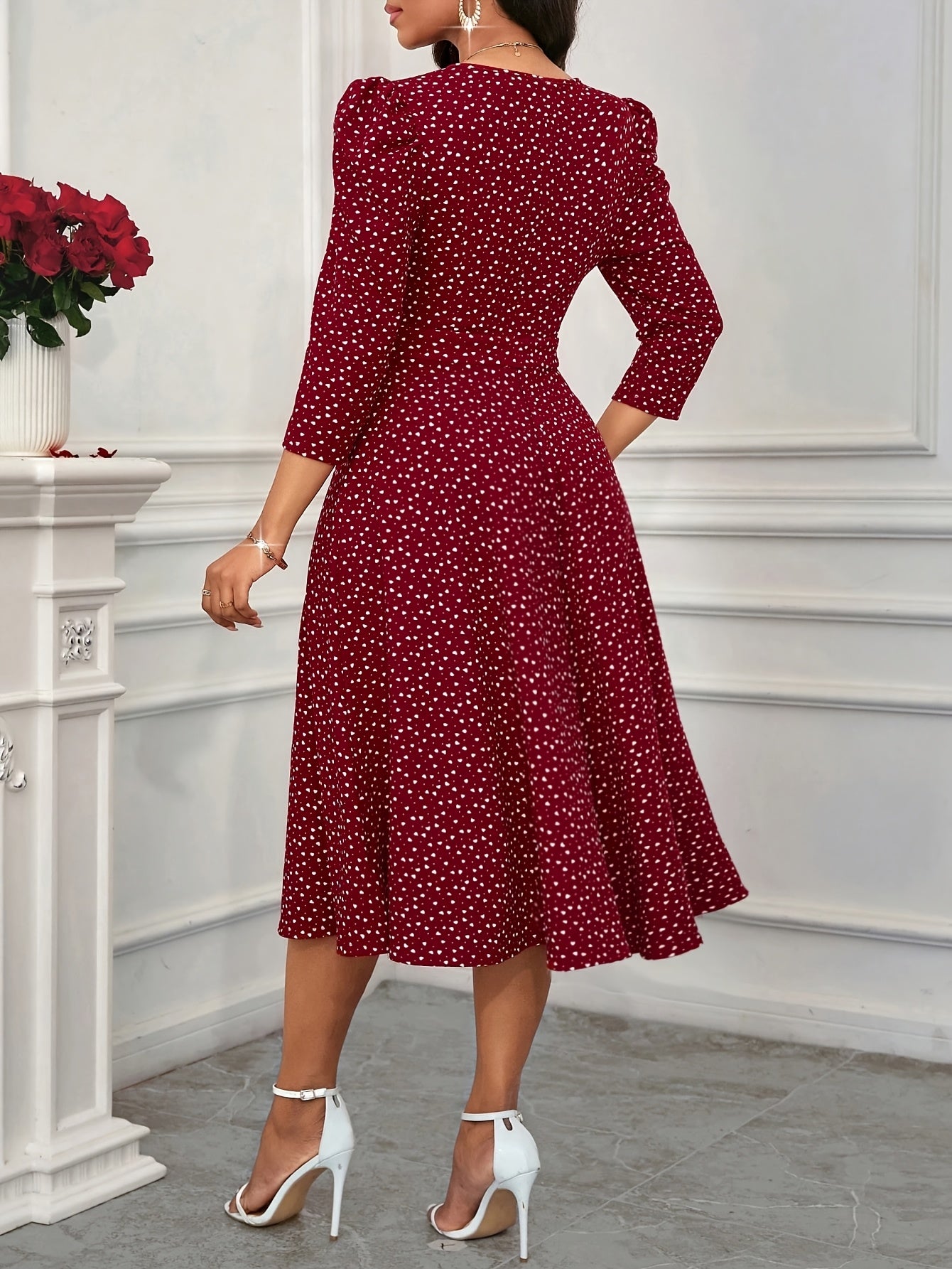 2026 New Valentine's Day, New Year Party, Suitable for Daily Work Wear, Suitable for All Seasons Elegant Fashion Versatile Daily Date V-Neck 3/4 Sleeve Waist Flared Long Red and Blue Women's Elegant Dress, Women's Polka Dot Small Heart Print Dress