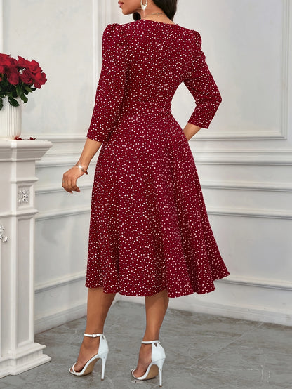2026 New Valentine's Day, New Year Party, Suitable for Daily Work Wear, Suitable for All Seasons Elegant Fashion Versatile Daily Date V-Neck 3/4 Sleeve Waist Flared Long Red and Blue Women's Elegant Dress, Women's Polka Dot Small Heart Print Dress
