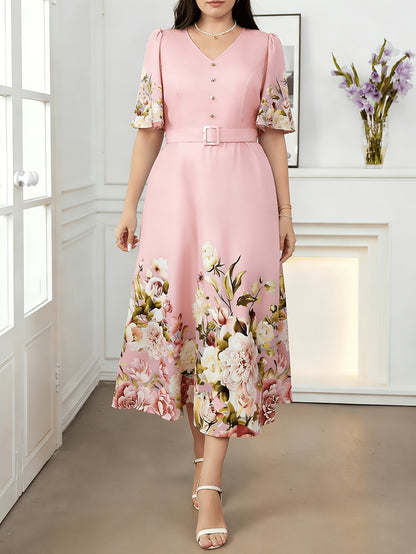 Plus Size, Plus Size Women's Spring/Summer Floral Print Elegant High-Waisted V-Neck Short Sleeve Dress