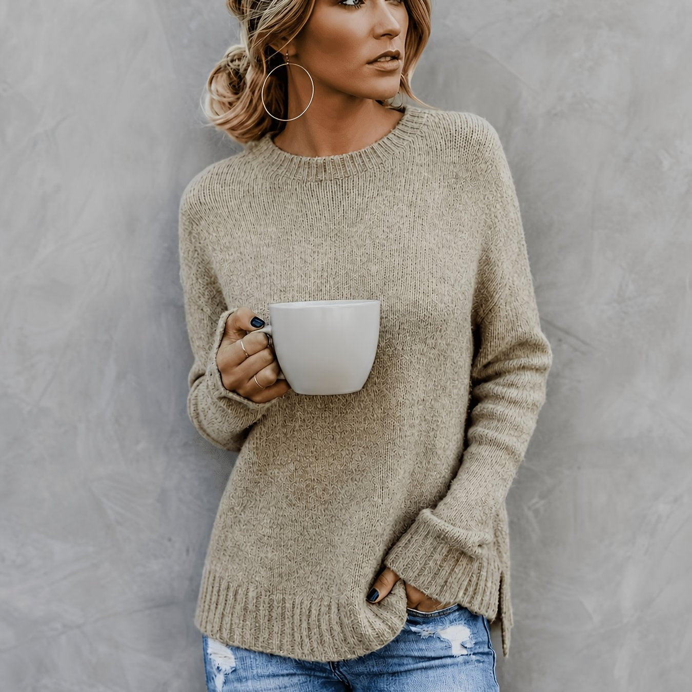 Women'S Casual Commuter Style Retro All-Match Short Front Long Back Slit Round Neck Long Sleeve Sweater Pullover