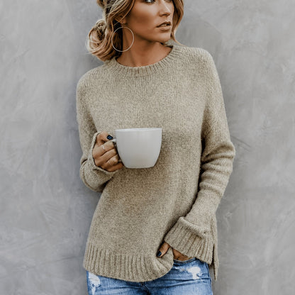Women'S Casual Commuter Style Retro All-Match Short Front Long Back Slit Round Neck Long Sleeve Sweater Pullover
