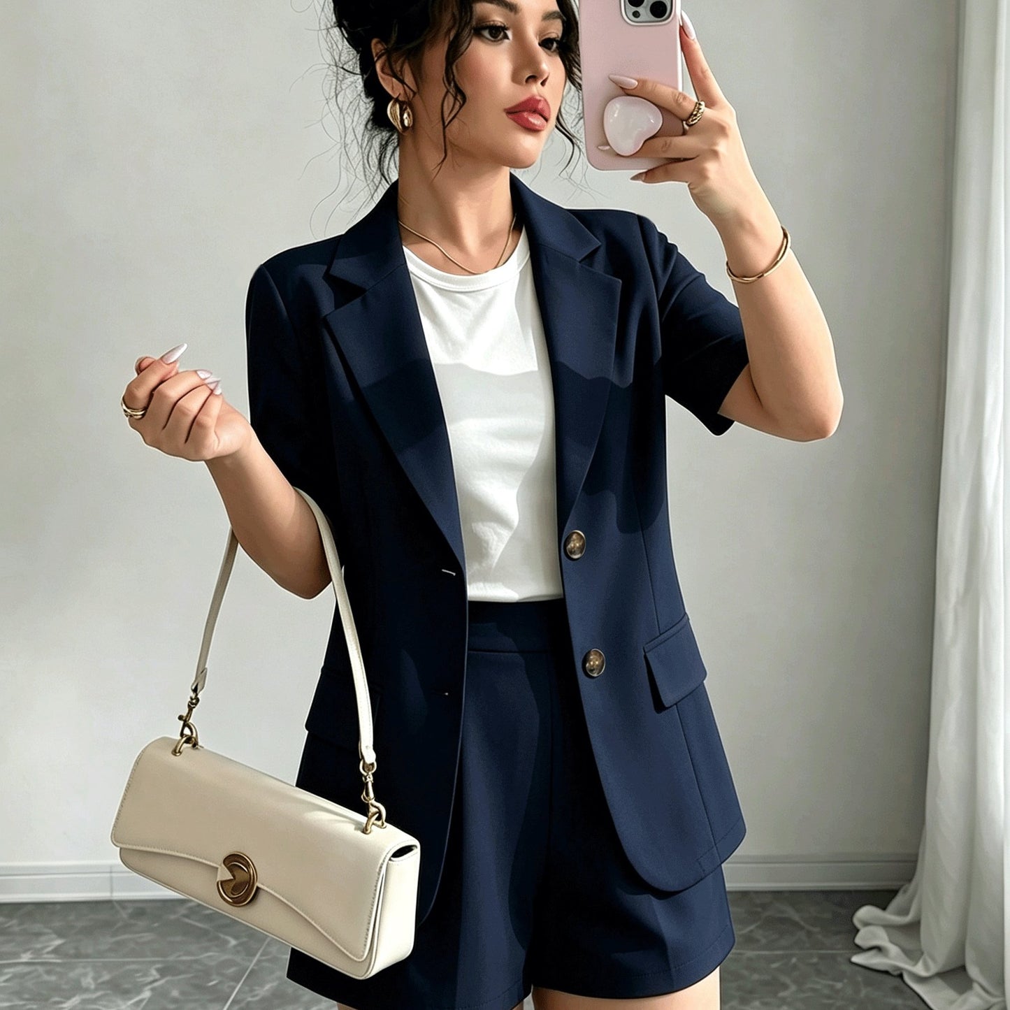 Elegant Casual Commuter Suit Set, Solid Color Short-Sleeve Blazer, Shorts/Wide-Leg Pants, Women's Spring/Summer Style