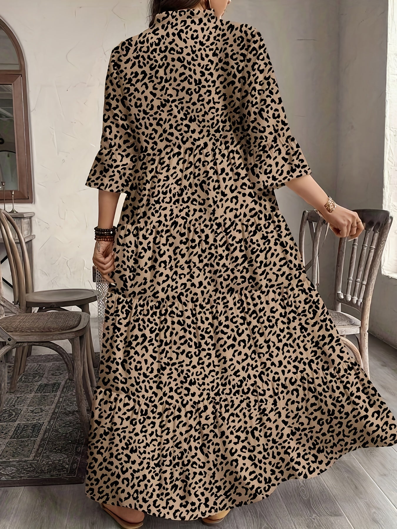 Plus Size Women's Floral Print Shirtdress, Ladies' Fall New 3/4 Sleeve Cake Dress, Fashionable Elegant Long Dress