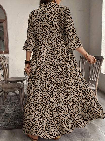 Plus Size Women's Floral Print Shirtdress, Ladies' Fall New 3/4 Sleeve Cake Dress, Fashionable Elegant Long Dress