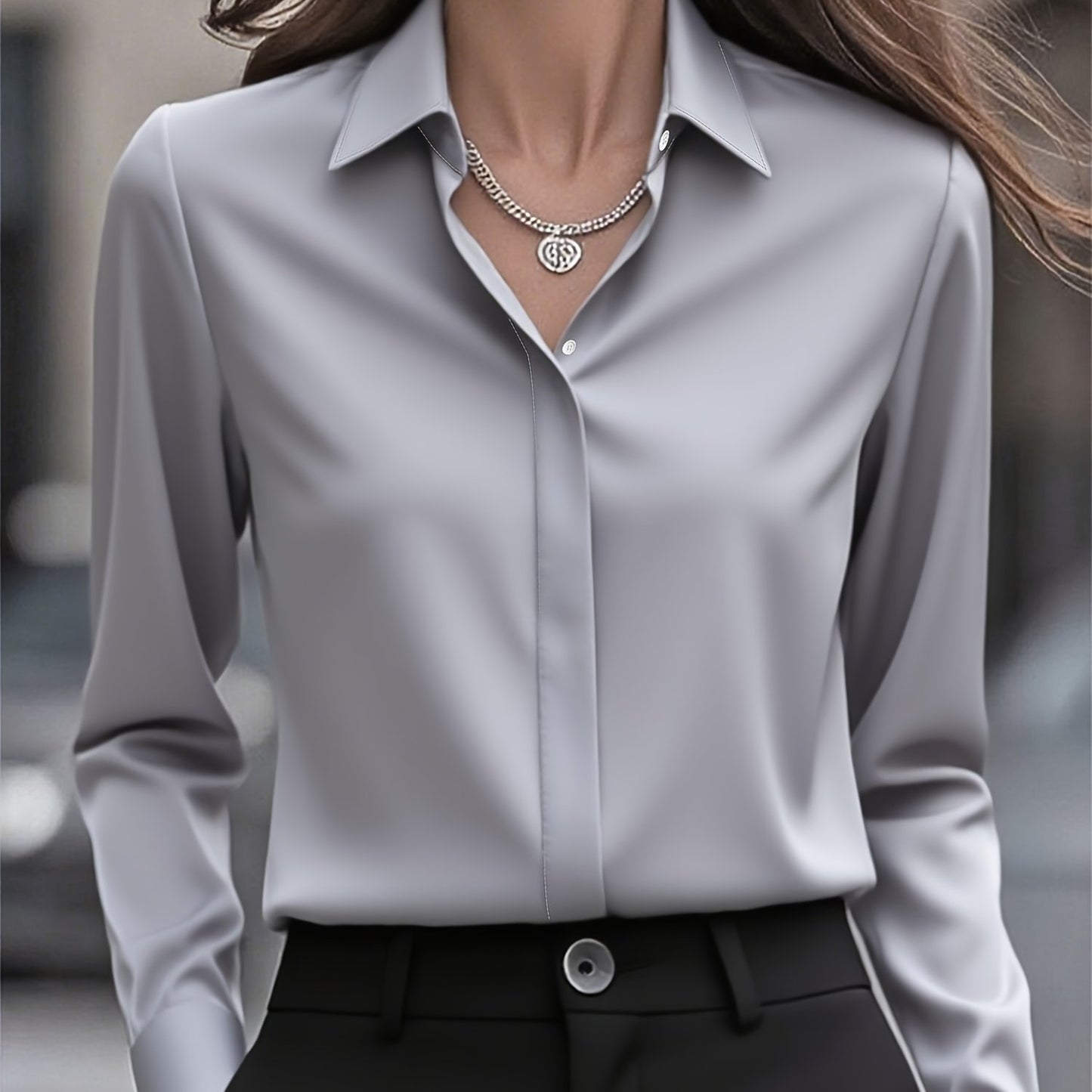New Middle Eastern Women's Long-Sleeve Fashionable Commuter Design with Hidden Button Front Placket Inner Shirt
