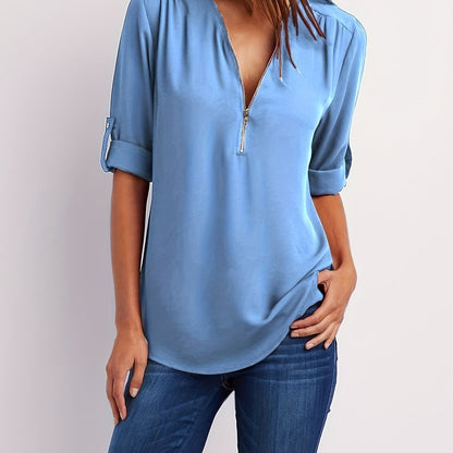 V-Neck Zipper Women'S Long-Sleeved Roll-Up Sleeve Loose Chiffon Shirt