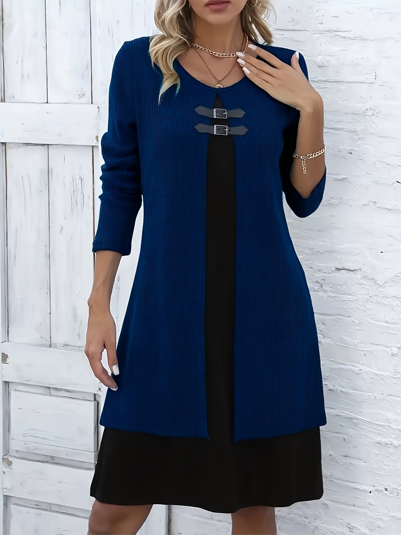 Autumn/Winter New Round Neck 2-in-1 Look Spliced Color-Block Women's Fashion Elegant Dress