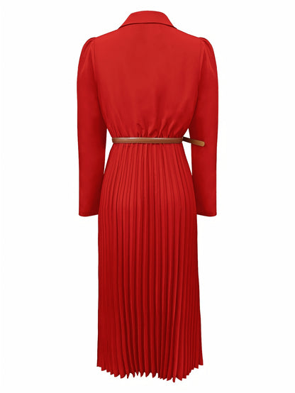 Spring/Autumn Long Sleeve Lapel Elegant Fashion Versatile Ruched Dress with Belt, Women'S