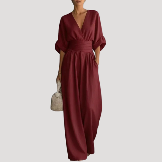 Effortless Wide Leg Jumpsuit for Women with V Neck Half Sleeve Wide Waistband Flowing Style