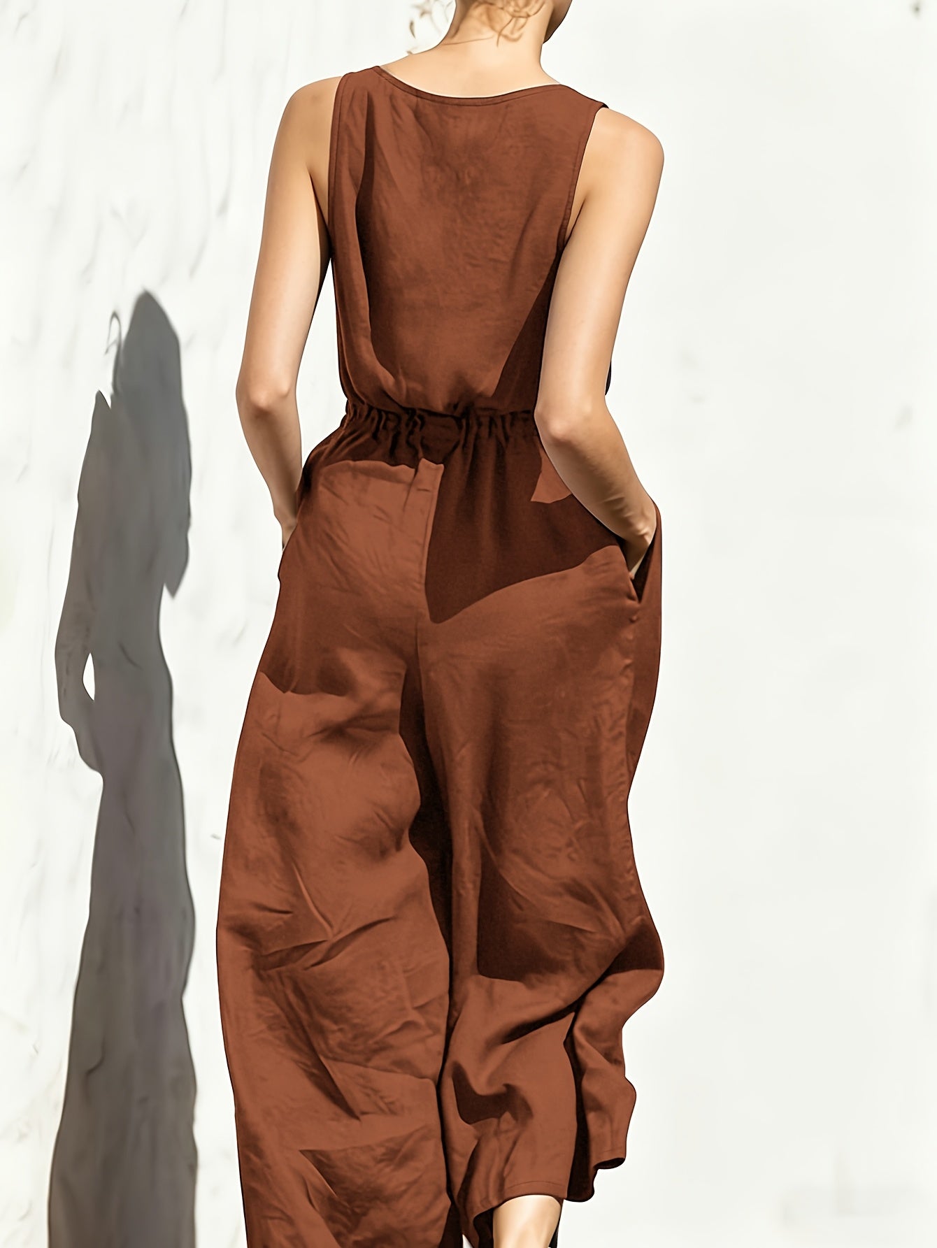 Commuting Style Navy Jumpsuit Sleeveless Button Waist Wide-Leg Casual Jumpsuit