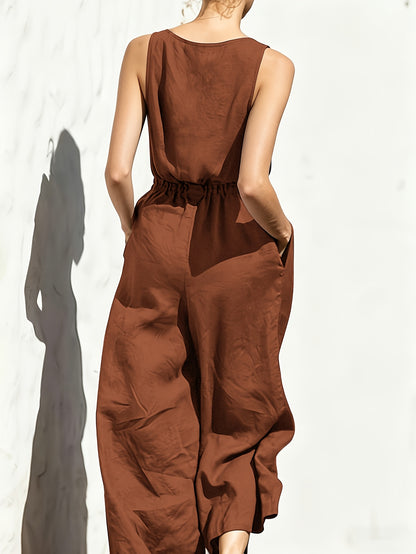 Commuting Style Navy Jumpsuit Sleeveless Button Waist Wide-Leg Casual Jumpsuit