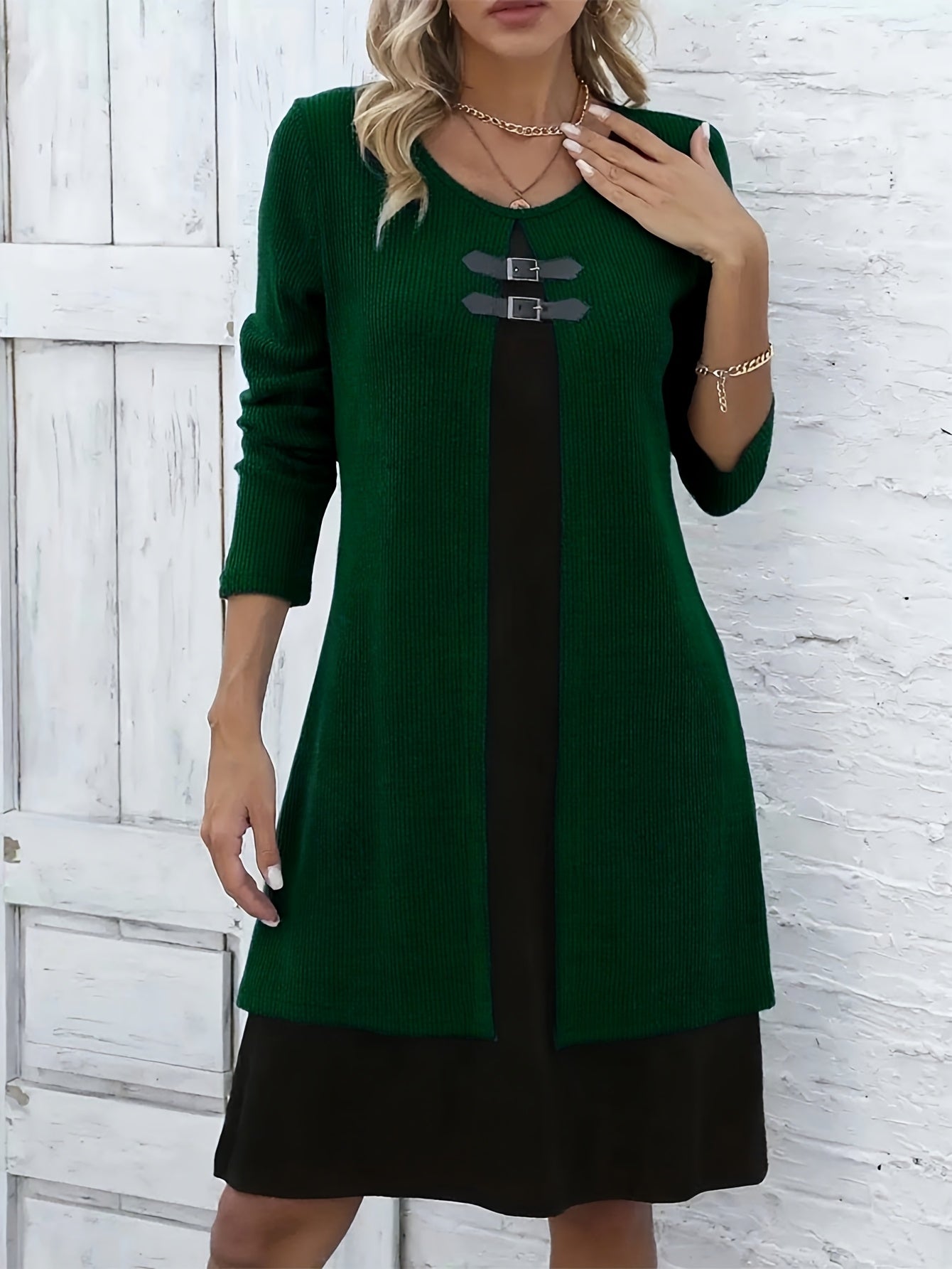 Autumn/Winter New Round Neck 2-in-1 Look Spliced Color-Block Women's Fashion Elegant Dress