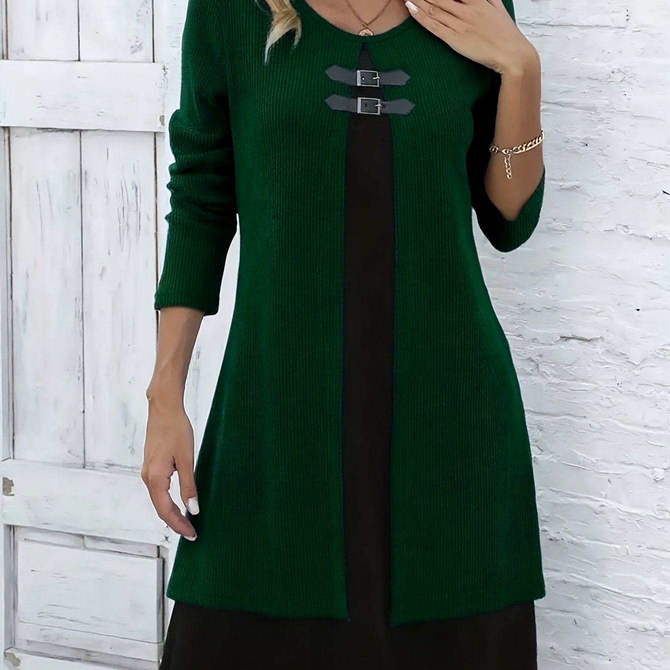 Autumn/Winter New Round Neck 2-in-1 Look Spliced Color-Block Women's Fashion Elegant Dress