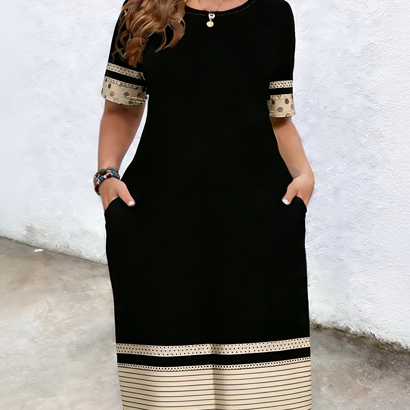 Plus Size, Elegant Striped and Polka Dot Prints, Simple yet Sophisticated. Positioning Anchor Printing, Flameproof Design, Large Size, Short-sleeved Dress. Perfect for Summer Music Festivals. It Brings Good Fortune!