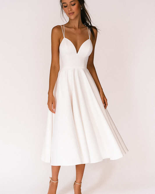 Elegant Satin Midi Dress for Women with Sweetheart Neck Spaghetti Strap Crisscross Back Cocktail Style