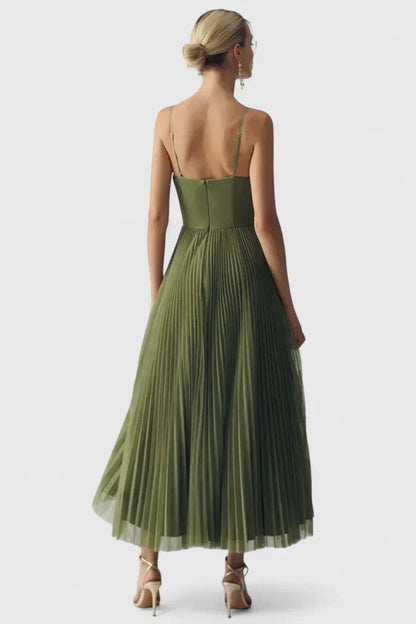 Elegant Green Dress for Women with Spaghetti Strap Corset Bodice Pleated Chiffon Midi Formal Style