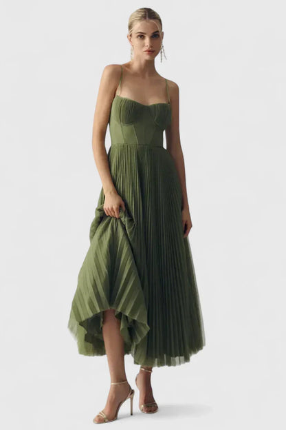 Elegant Green Dress for Women with Spaghetti Strap Corset Bodice Pleated Chiffon Midi Formal Style