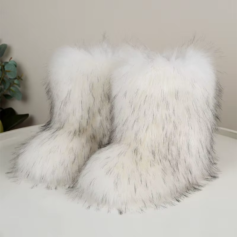 Comfortable Winter Shoes Women with Faux Fur Shaft Pull On Flat Sole Fluffy Boot Style