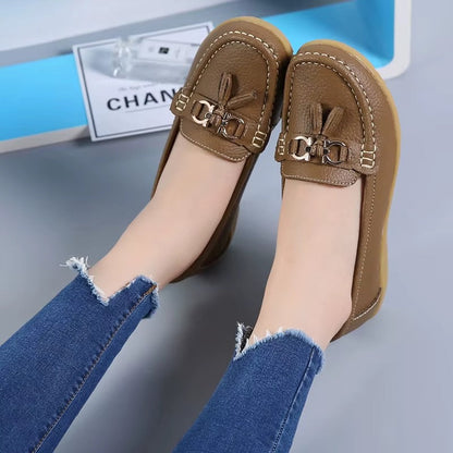 Comfortable Loafers for Women with Tassel Buckle Detail Moccasin Stitch Wedge Sole Style