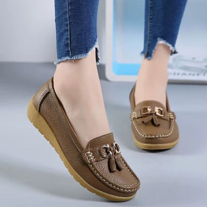 Comfortable Loafers for Women with Tassel Buckle Detail Moccasin Stitch Wedge Sole Style