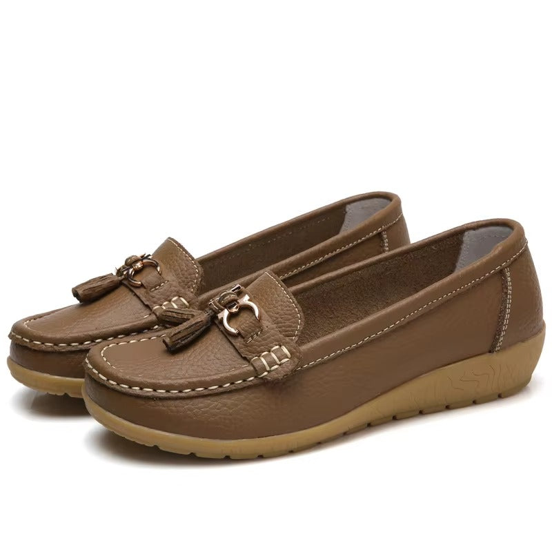 Comfortable Loafers for Women with Tassel Buckle Detail Moccasin Stitch Wedge Sole Style