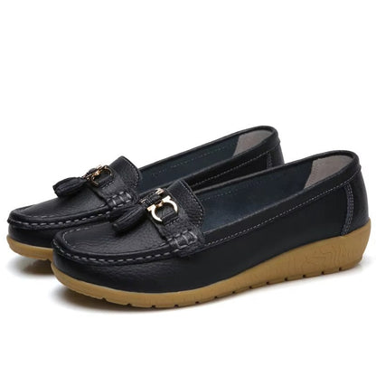 Comfortable Loafers for Women with Tassel Buckle Detail Moccasin Stitch Wedge Sole Style