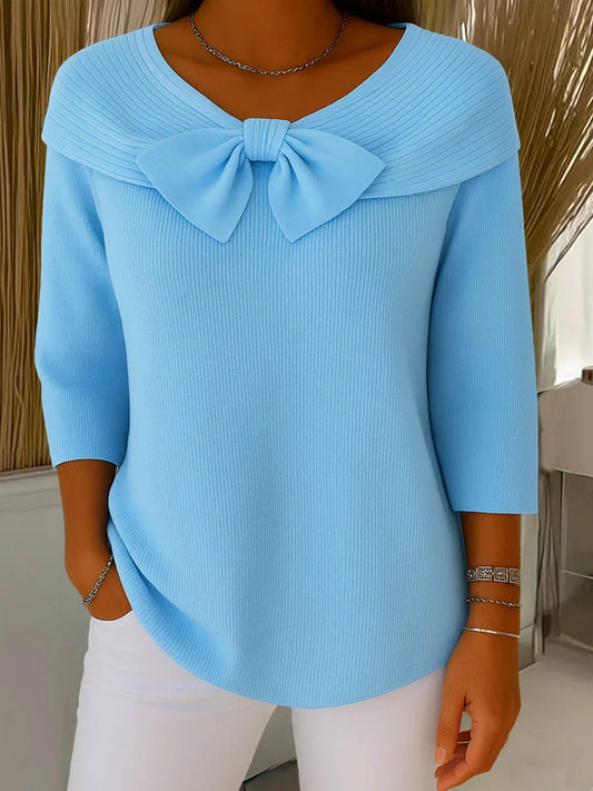 Comfortable Ribbed Knit Sweater for Women with V Neck Three Quarter Sleeve Bow Tie Relaxed Style