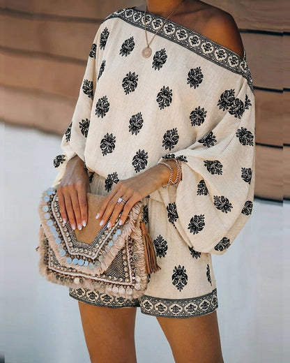 Indira | Women's Off-Shoulder Boho Print Two-Piece Set