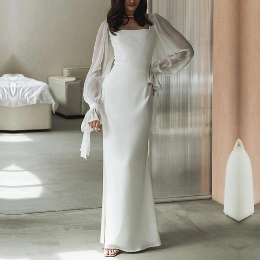 Elegant White Maxi Dress for Women with Square Neck Bishop Sleeve Sheath Wedding Guest Style