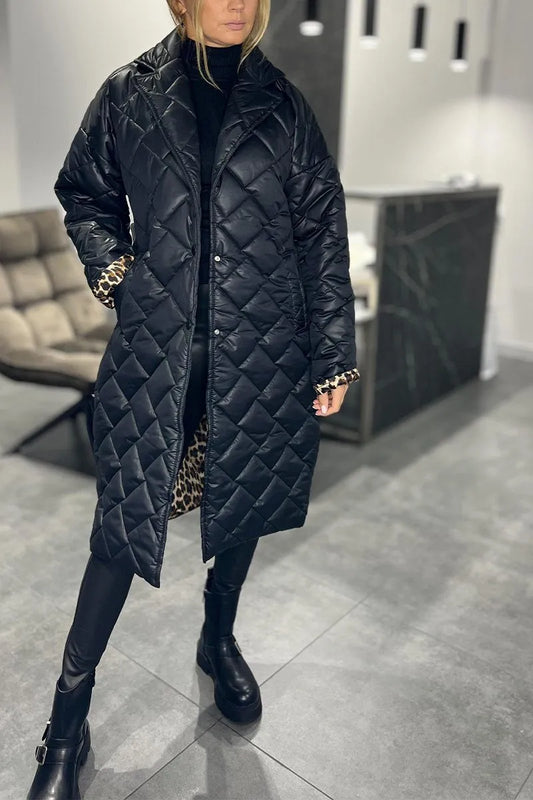 Effortless Quilted Puffer Coat for Women with Notch Collar Long Sleeve Leopard Cuff Oversized Style