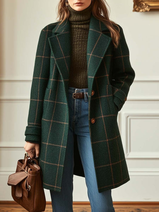 Elegant Plaid Wool Coat for Women with Notched Lapel Long Sleeve Button Front Casual Style