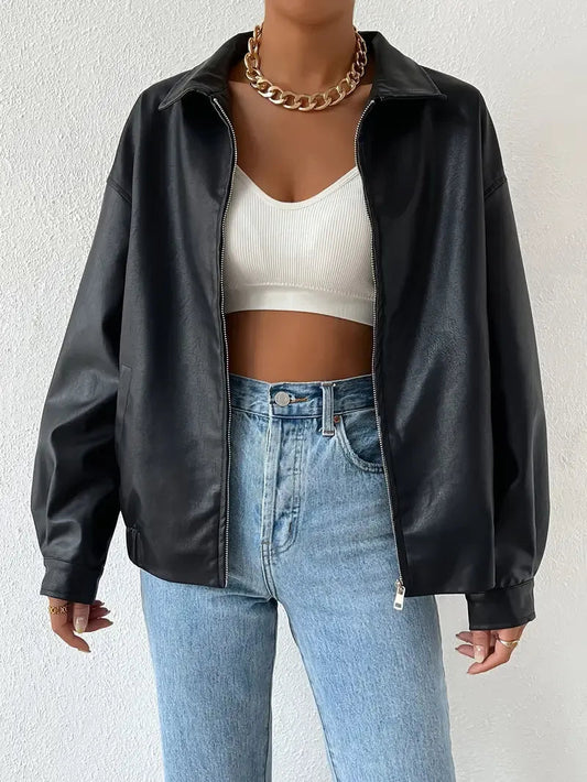 Elegant Black Leather Jacket for Women with Collar Long Sleeve Oversized Zip Up Style