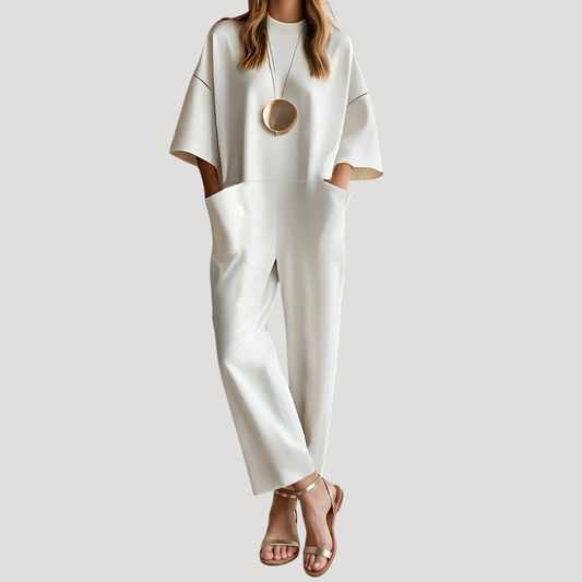 Effortless Jumpsuit for Women with Mock Neck Half Sleeve Oversized Wide Leg Relaxed Style