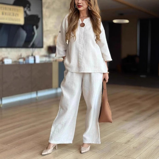 Effortless Linen Wide Leg Set for Women with V Neck Elbow Sleeve Button Front Relaxed Two Piece Style