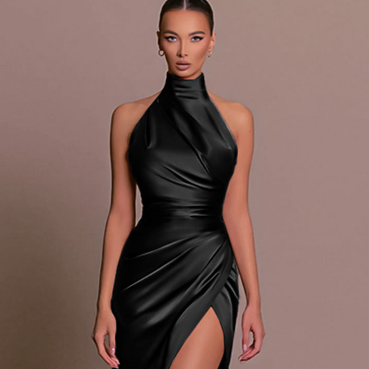 Elegant Satin Midi Dress for Women with Halter High Neck Ruched Wrap Thigh Slit Bodycon Cocktail Style