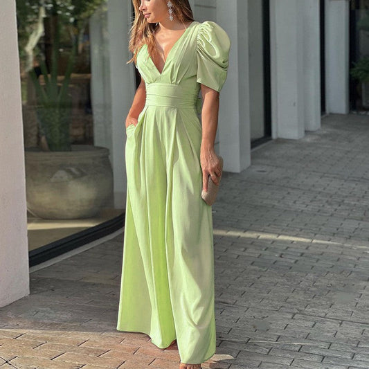 Elegant Satin Wide Leg Jumpsuit for Women with V Neck Puff Sleeve Belted Waist Formal Wedding Guest Style