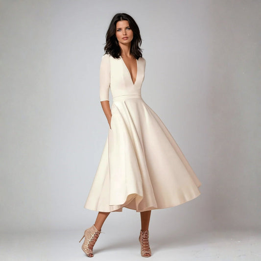 Elegant White Satin Midi Dress for Women with V Neck Elbow Sleeve Fit and Flare Formal Wedding Guest Style
